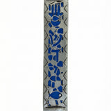 Handcrafted pewter Mezuzah with Middle Eastern Jewish symbols, blue enamel cutouts, and colorful crystals, 6-inch size for home doors.