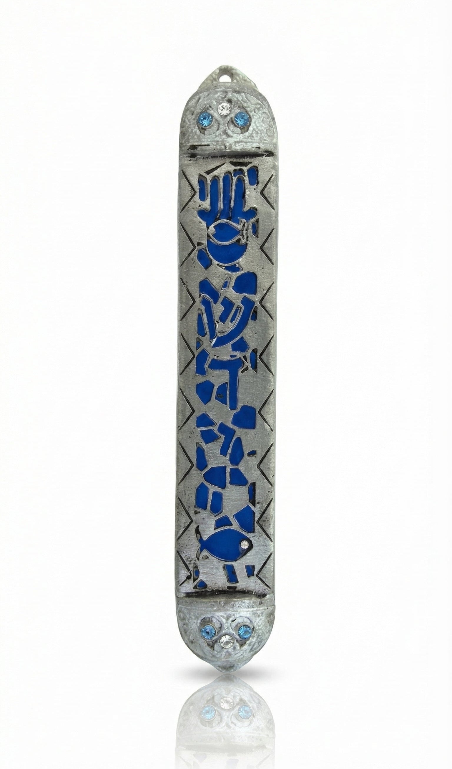 Handcrafted pewter Mezuzah with Middle Eastern Jewish symbols, blue enamel cutouts, and colorful crystals, 6-inch size for home doors.