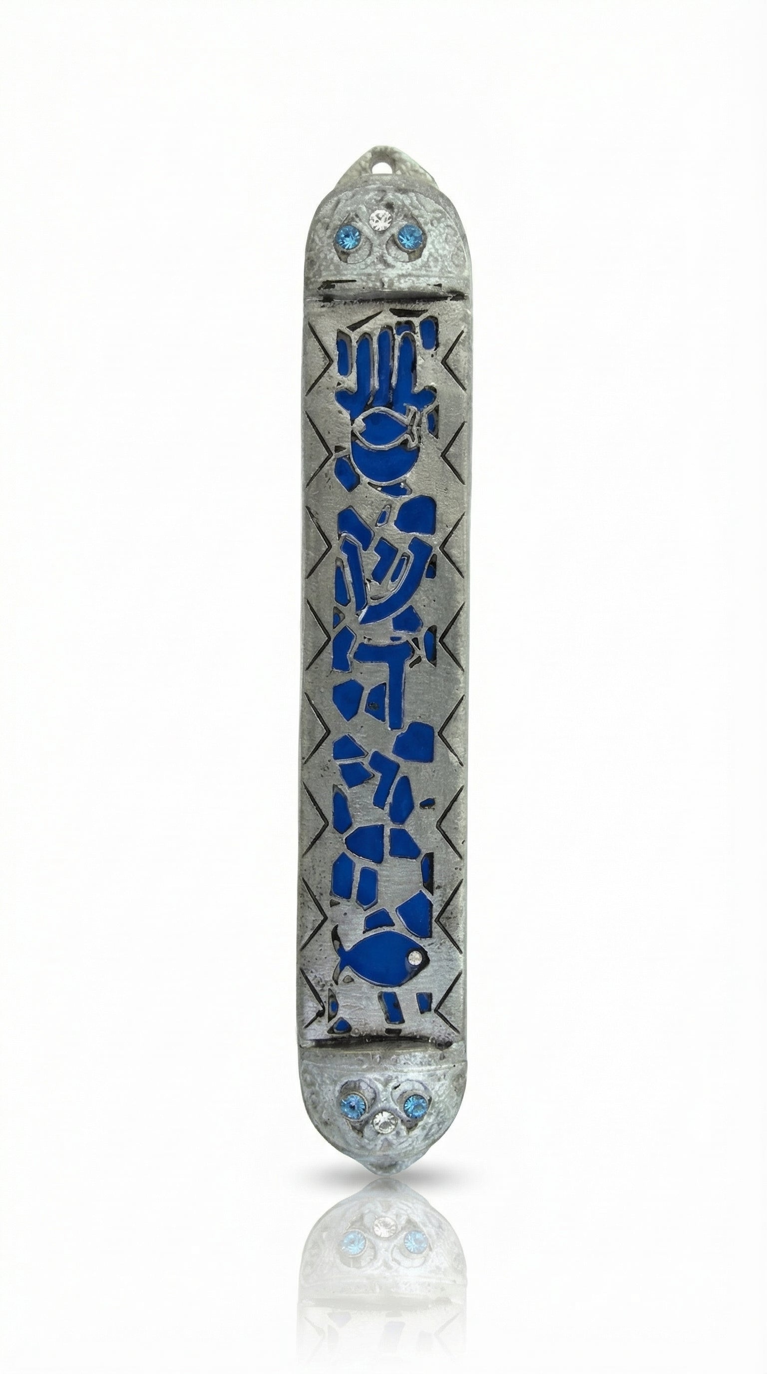 Handcrafted pewter Mezuzah with Middle Eastern Jewish symbols, blue enamel cutouts, and colorful crystals, 6-inch size for home doors.