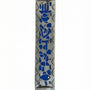 Handcrafted pewter Mezuzah with Middle Eastern Jewish symbols, blue enamel cutouts, and colorful crystals, 6-inch size for home doors.