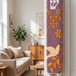 Hyper-realistic lifestyle scene featuring a purple Dove of Peace ceramic mezuzah on the right side of a doorway in a modern warm-toned interior. 