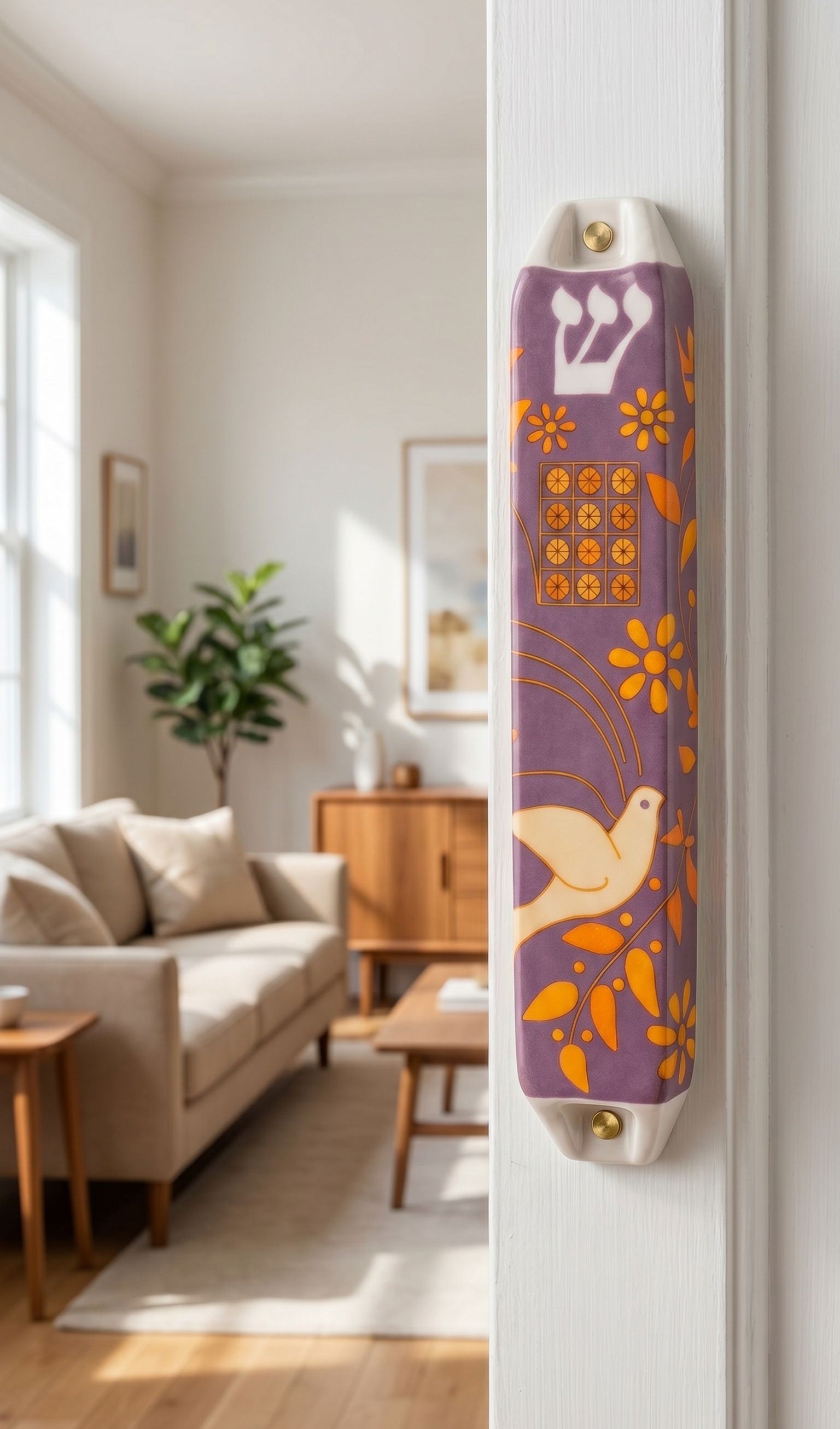 Hyper-realistic lifestyle scene featuring a purple Dove of Peace ceramic mezuzah on the right side of a doorway in a modern warm-toned interior. 