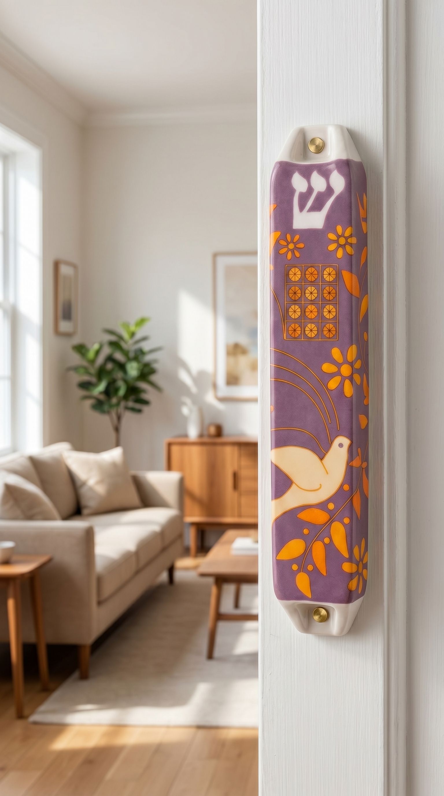 Hyper-realistic lifestyle scene featuring a purple Dove of Peace ceramic mezuzah on the right side of a doorway in a modern warm-toned interior. 