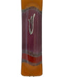 Elegant purple glass mezuzah measuring 4.5 inches with Hebrew inscriptions and decorative motifs, displayed on a white studio surface with light reflection.
