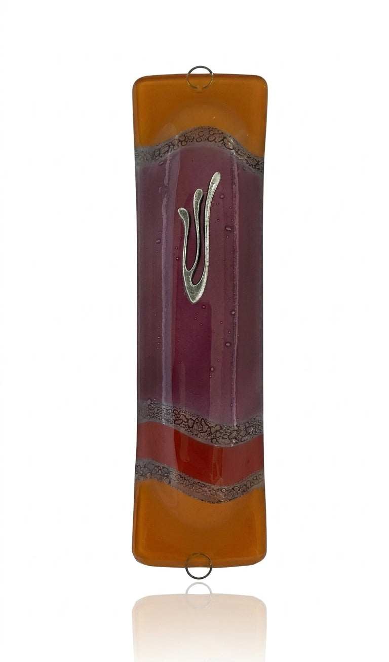 Elegant purple glass mezuzah measuring 4.5 inches with Hebrew inscriptions and decorative motifs, displayed on a white studio surface with light reflection.