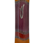 Elegant purple glass mezuzah measuring 4.5 inches with Hebrew inscriptions and decorative motifs, displayed on a white studio surface with light reflection.