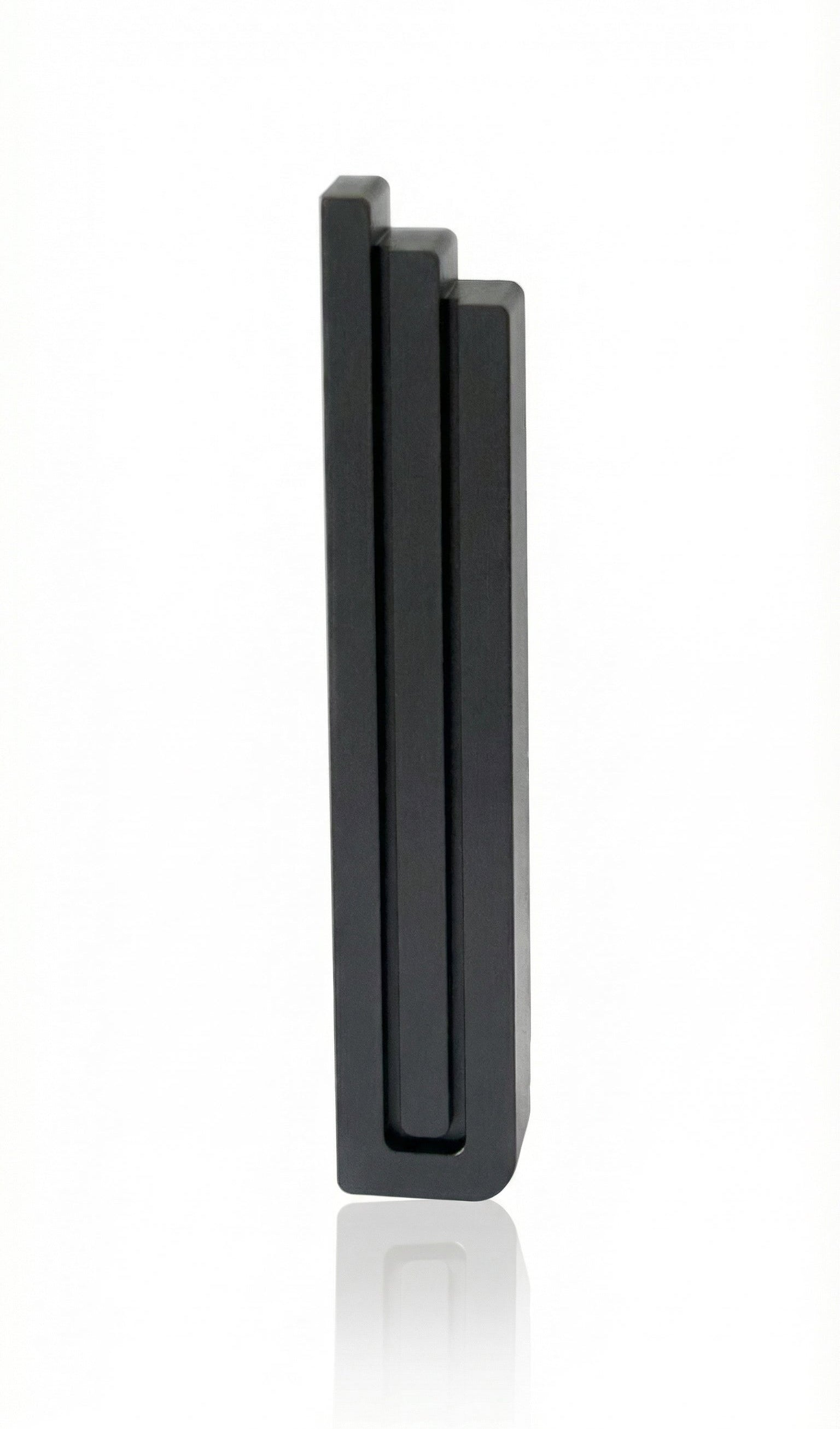Black aluminum Pyramid Mezuzah with Hebrew engravings, designed for home doors, includes strong mounting tape, no scroll.