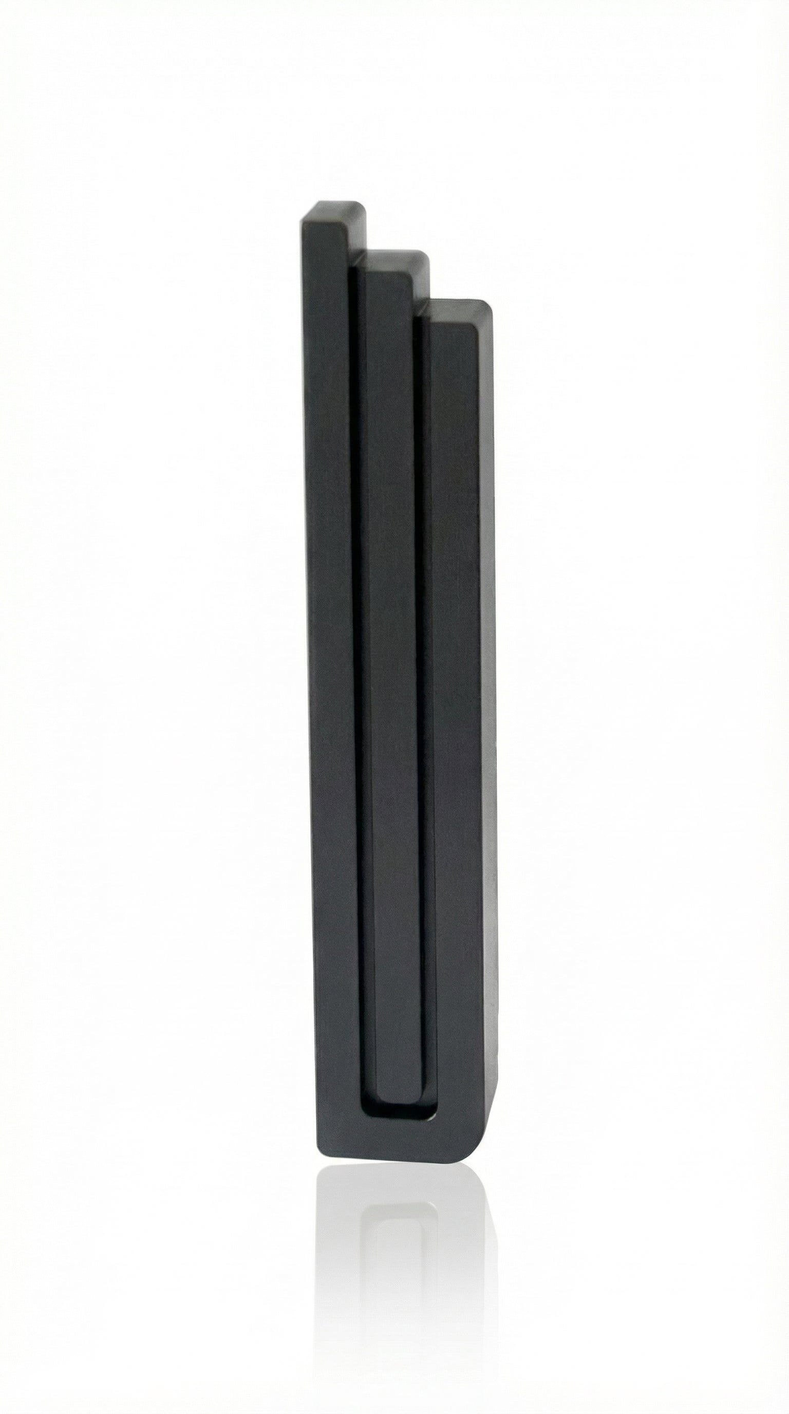 Black aluminum Pyramid Mezuzah cover, designed for home doors, includes strong mounting tape