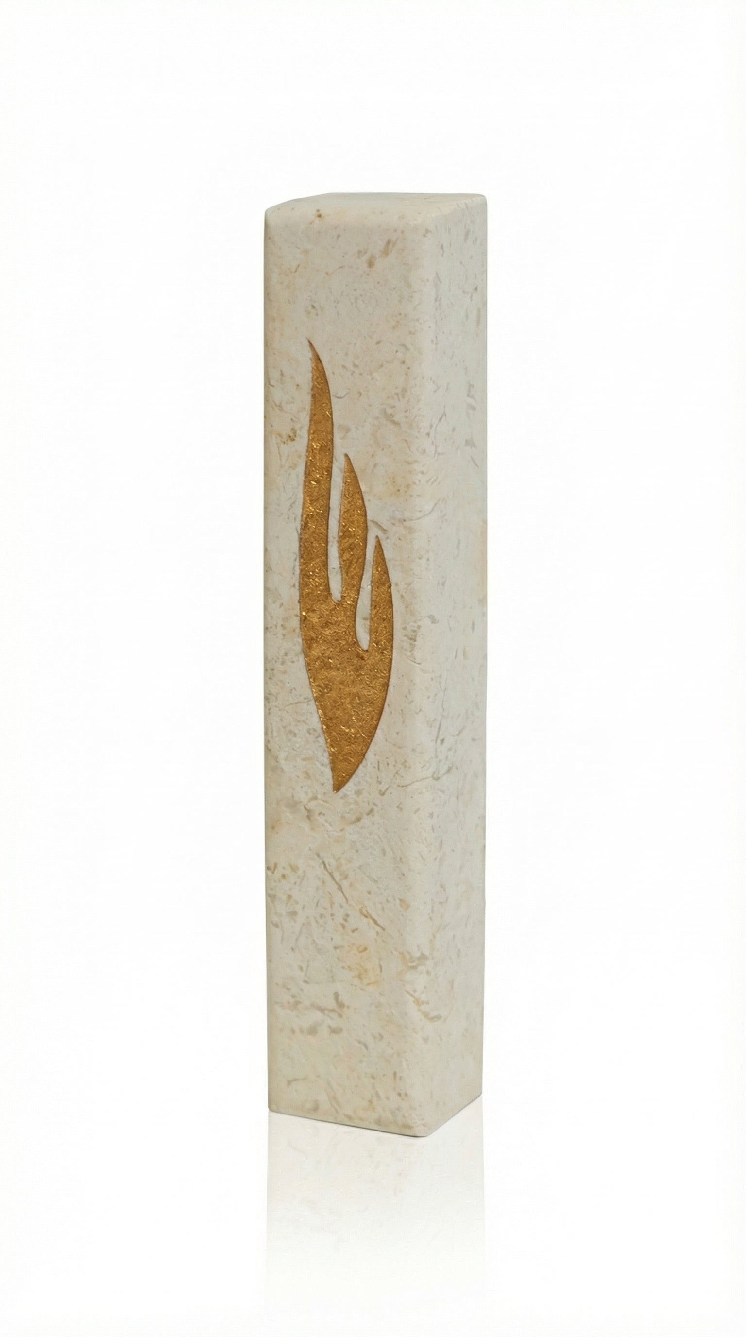 Elegant Jerusalem stone Mezuzah inspired by Queen Helena of Adiabene with golden details, crafted in Israel with natural stone variations.