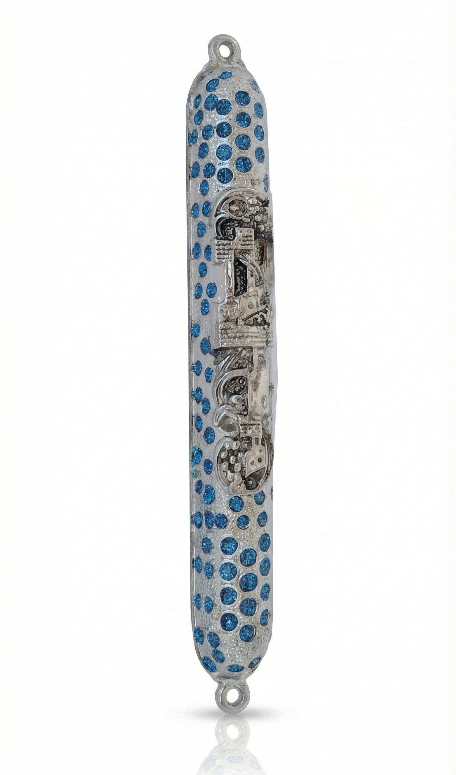 Elegant pewter Rain Mezuzah, 4.5 inches tall, designed for Jewish home doors, with detailed Hebrew engravings and decorative motifs.
