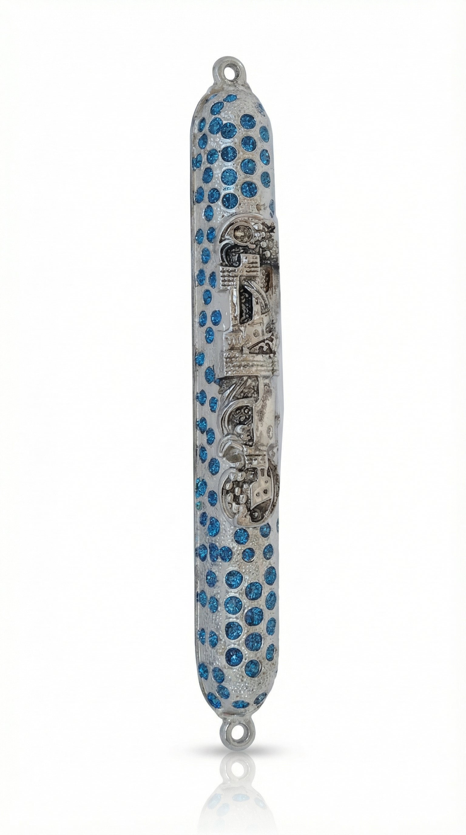 Elegant pewter Rain Mezuzah, 4.5 inches tall, designed for Jewish home doors, with detailed Hebrew engravings and decorative motifs.