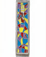 Colorful hand-painted pewter mezuzah with rainbow design, detailed Hebrew engravings, and decorative motifs, displayed on a white background.