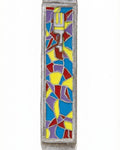 Colorful hand-painted pewter mezuzah with rainbow design, detailed Hebrew engravings, and decorative motifs, displayed on a white background.