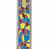 Colorful hand-painted pewter mezuzah with rainbow design, detailed Hebrew engravings, and decorative motifs, displayed on a white background.