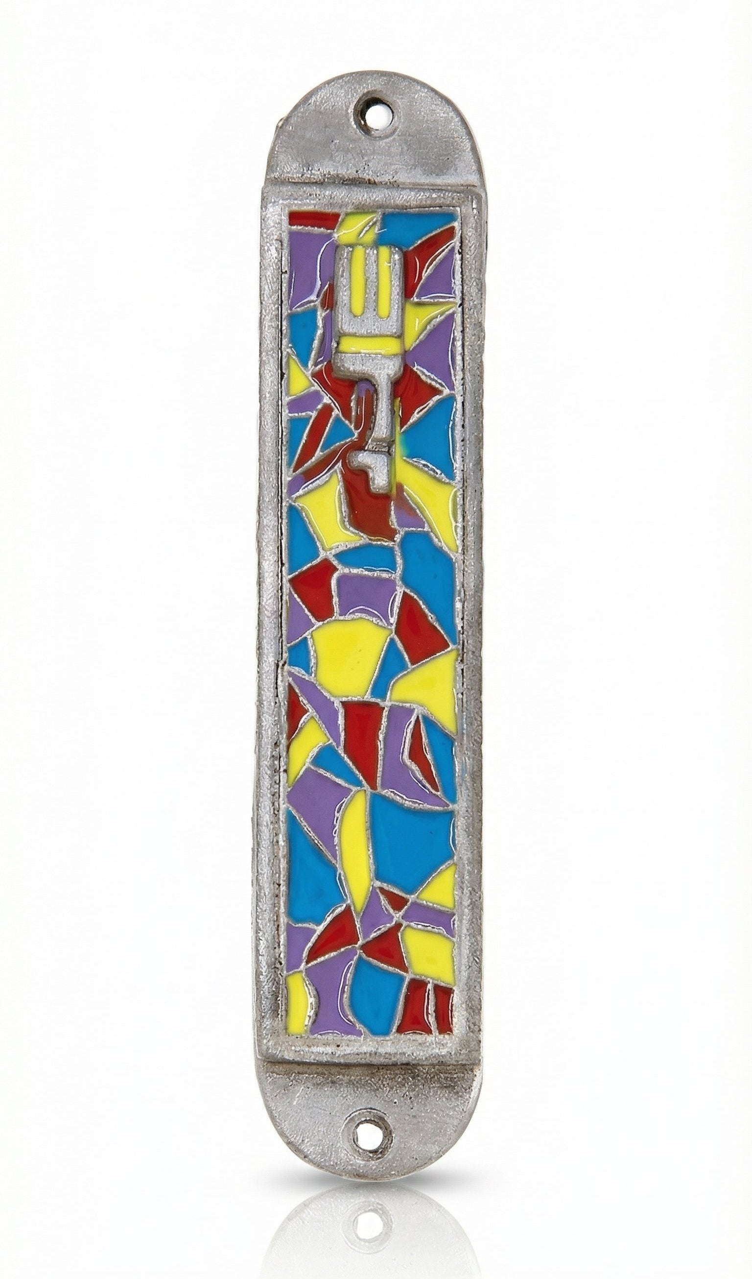 Colorful hand-painted pewter mezuzah with rainbow design, detailed Hebrew engravings, and decorative motifs, displayed on a white background.