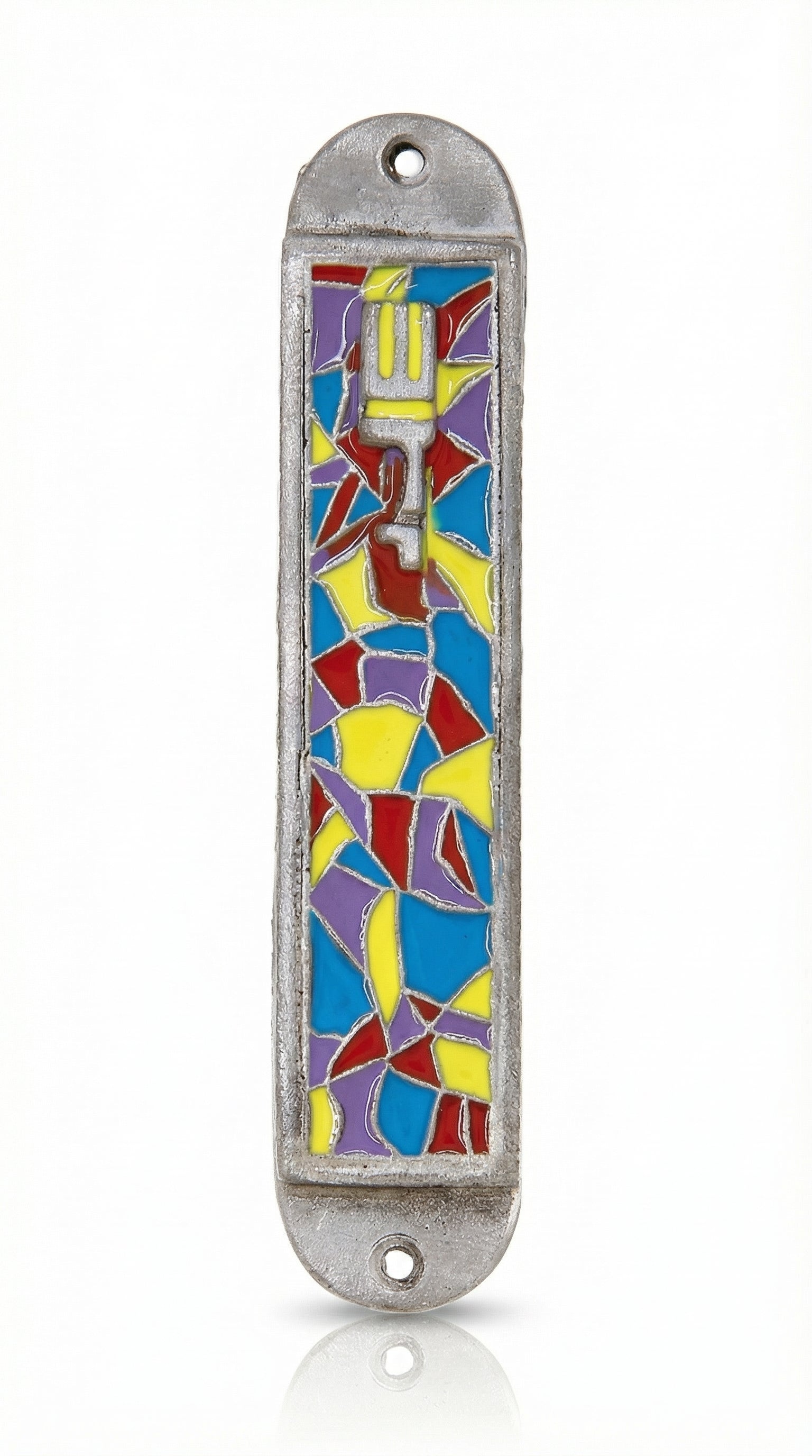 Colorful hand-painted pewter mezuzah with rainbow design, detailed Hebrew engravings, and decorative motifs, displayed on a white background.