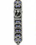 Blue sequined pewter Ram Mezuzah with curved horn design, 6.3 inches tall, suitable for Jewish home doorways with detailed craftsmanship.