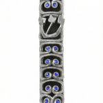 Blue sequined pewter Ram Mezuzah with curved horn design, 6.3 inches tall, suitable for Jewish home doorways with detailed craftsmanship.