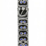 Blue sequined pewter Ram Mezuzah with curved horn design, 6.3 inches tall, suitable for Jewish home doorways with detailed craftsmanship.