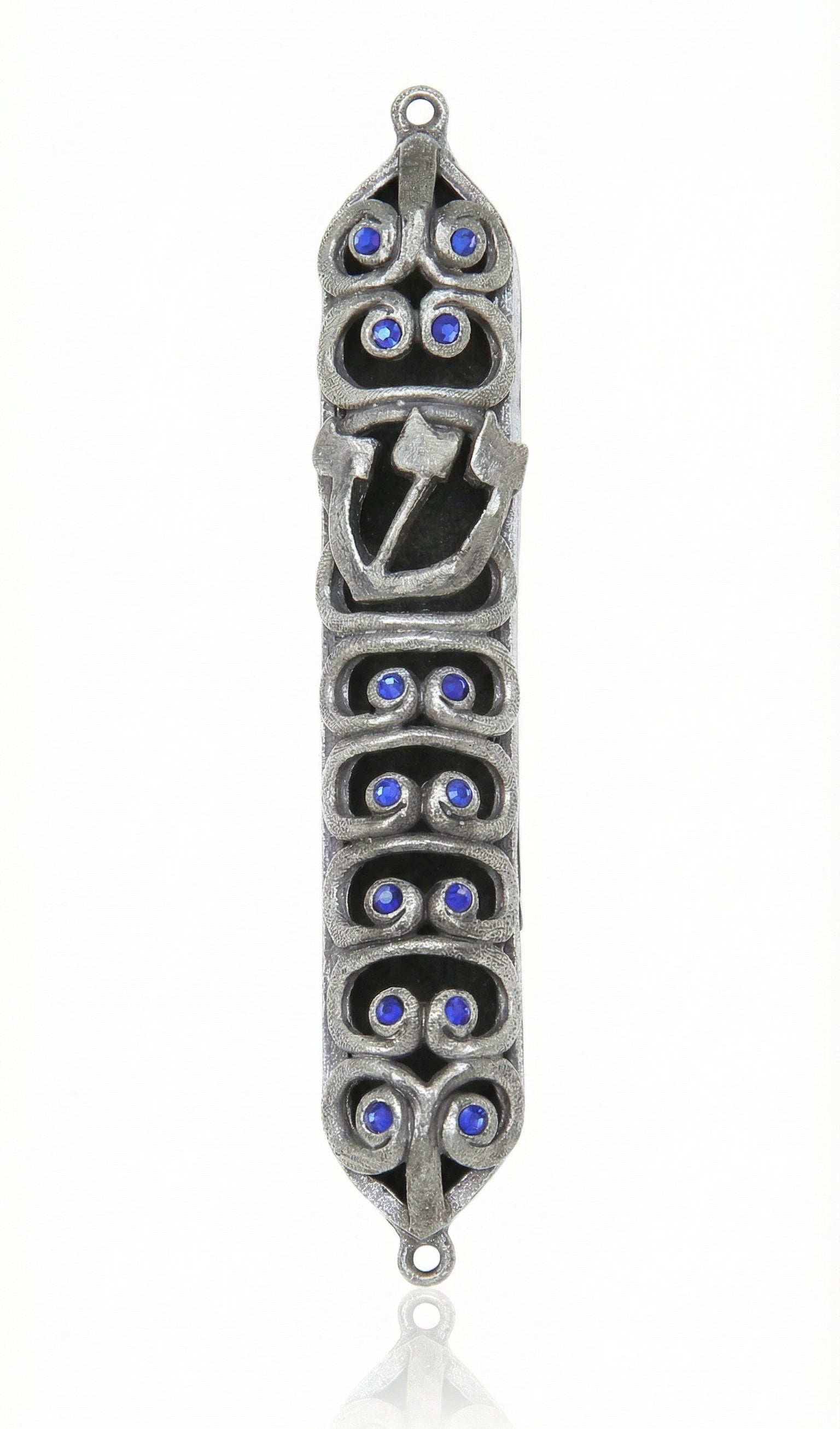 Blue sequined pewter Ram Mezuzah with curved horn design, 6.3 inches tall, suitable for Jewish home doorways with detailed craftsmanship.