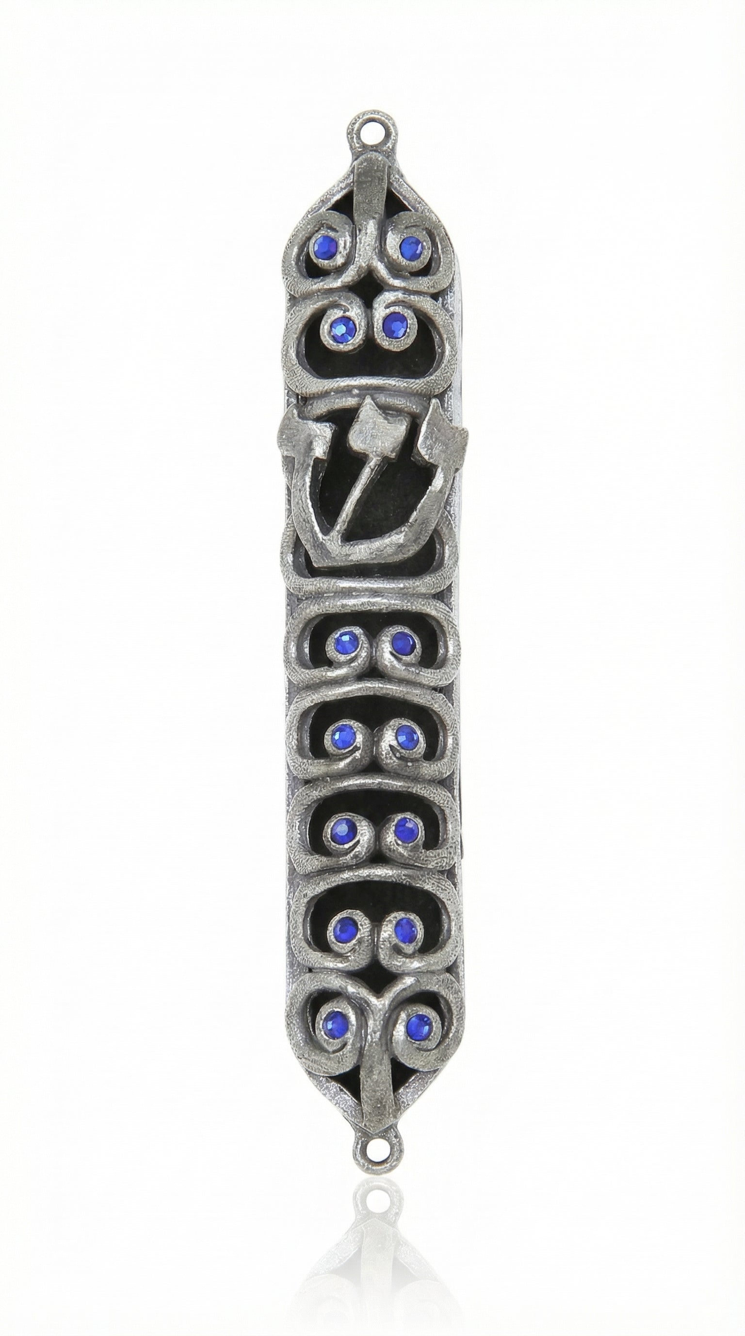 Blue sequined pewter Ram Mezuzah with curved horn design, 6.3 inches tall, suitable for Jewish home doorways with detailed craftsmanship.