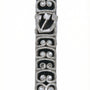 High-resolution image of a pewter Ram Mezuzah with curved ram horn shapes, accented with clear sequins, set against a bright white studio background with a subtle reflection.