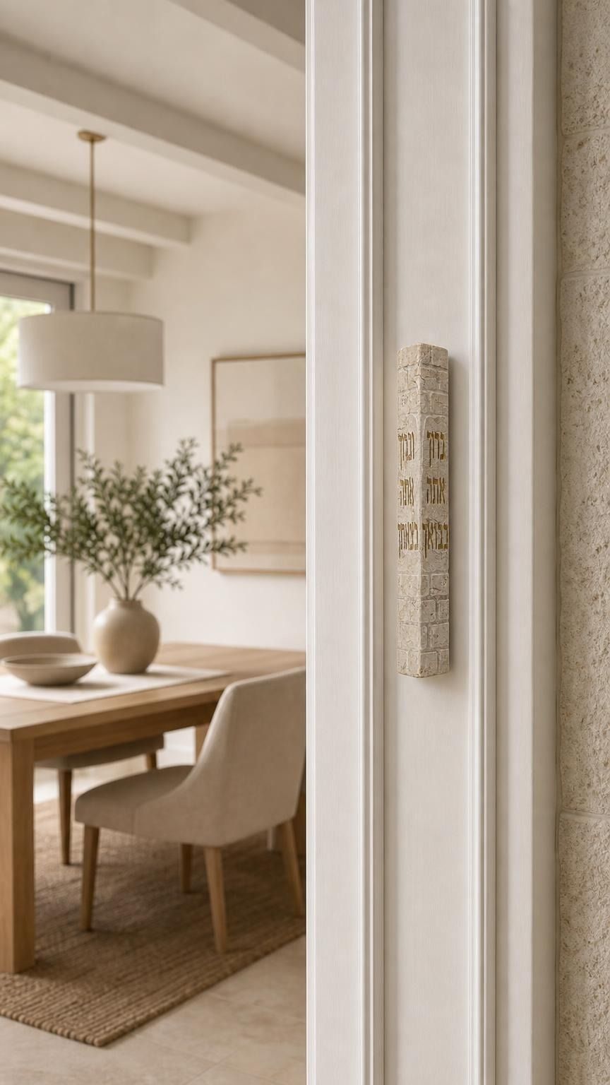 Birkat HaBayit stone mezuzah mounted on a doorway doorpost in natural indoor light.
