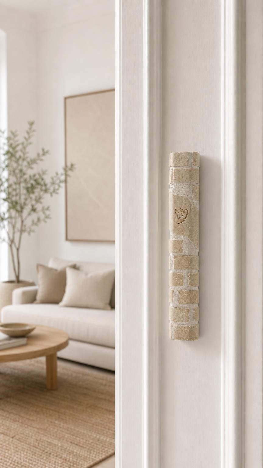 Home entrance with the Kotel cream Jerusalem stone mezuzah angled on the upper third of the right doorpost.