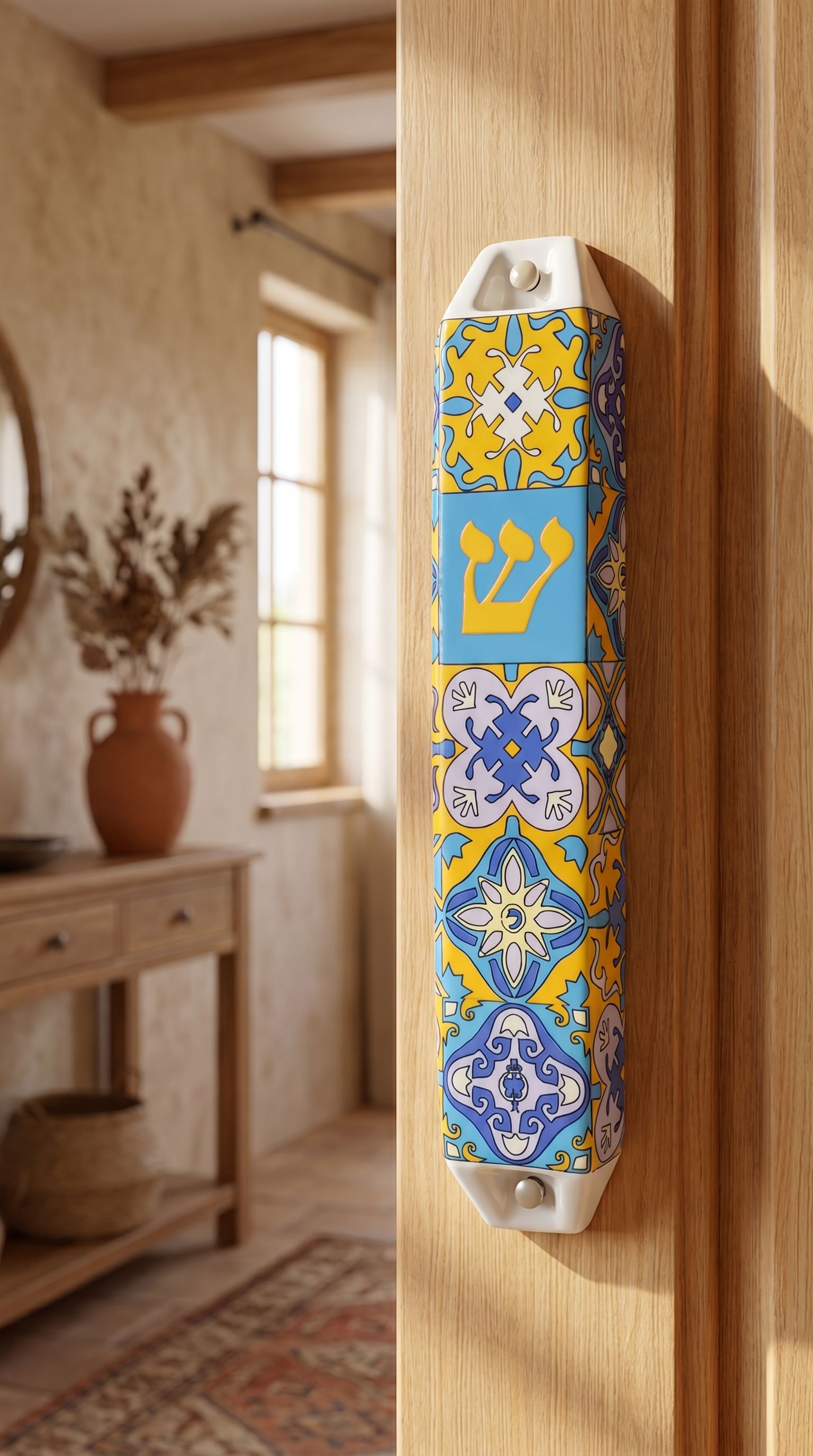 Hyper-realistic indoor scene showing a Portugal mezuzah mounted on a doorway in a personalized home setting.