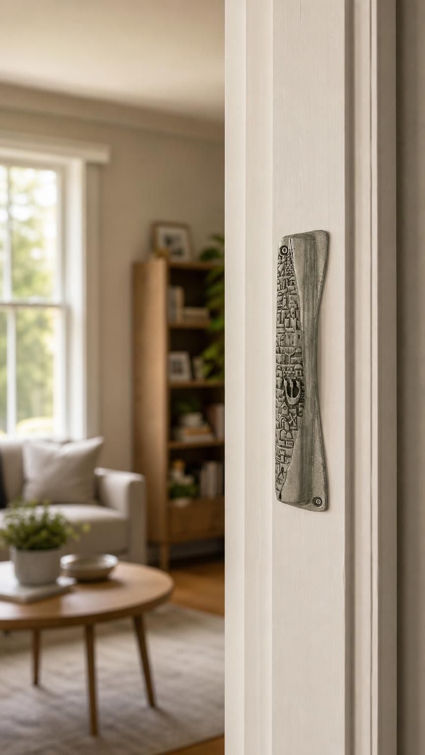 Jerusalem pewter mezuzah mounted vertically on a residential doorpost in a natural indoor setting, showing accurate placement and scale.