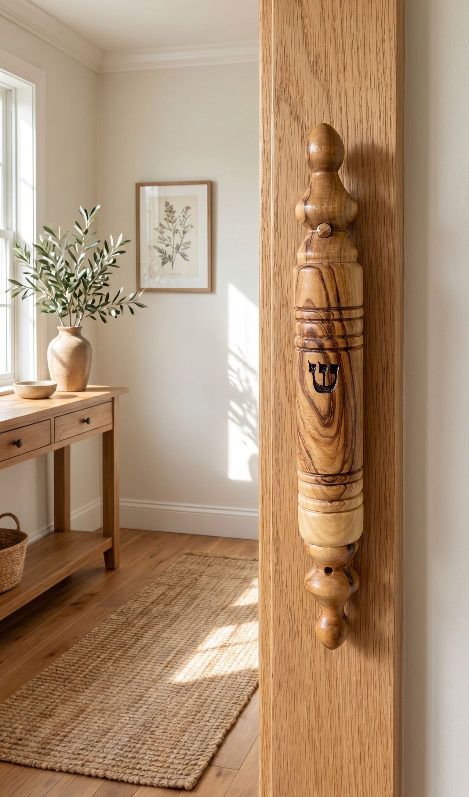 Lifestyle room scene with olive wood mezuzah mounted on door, highlighting natural material and home decor.
