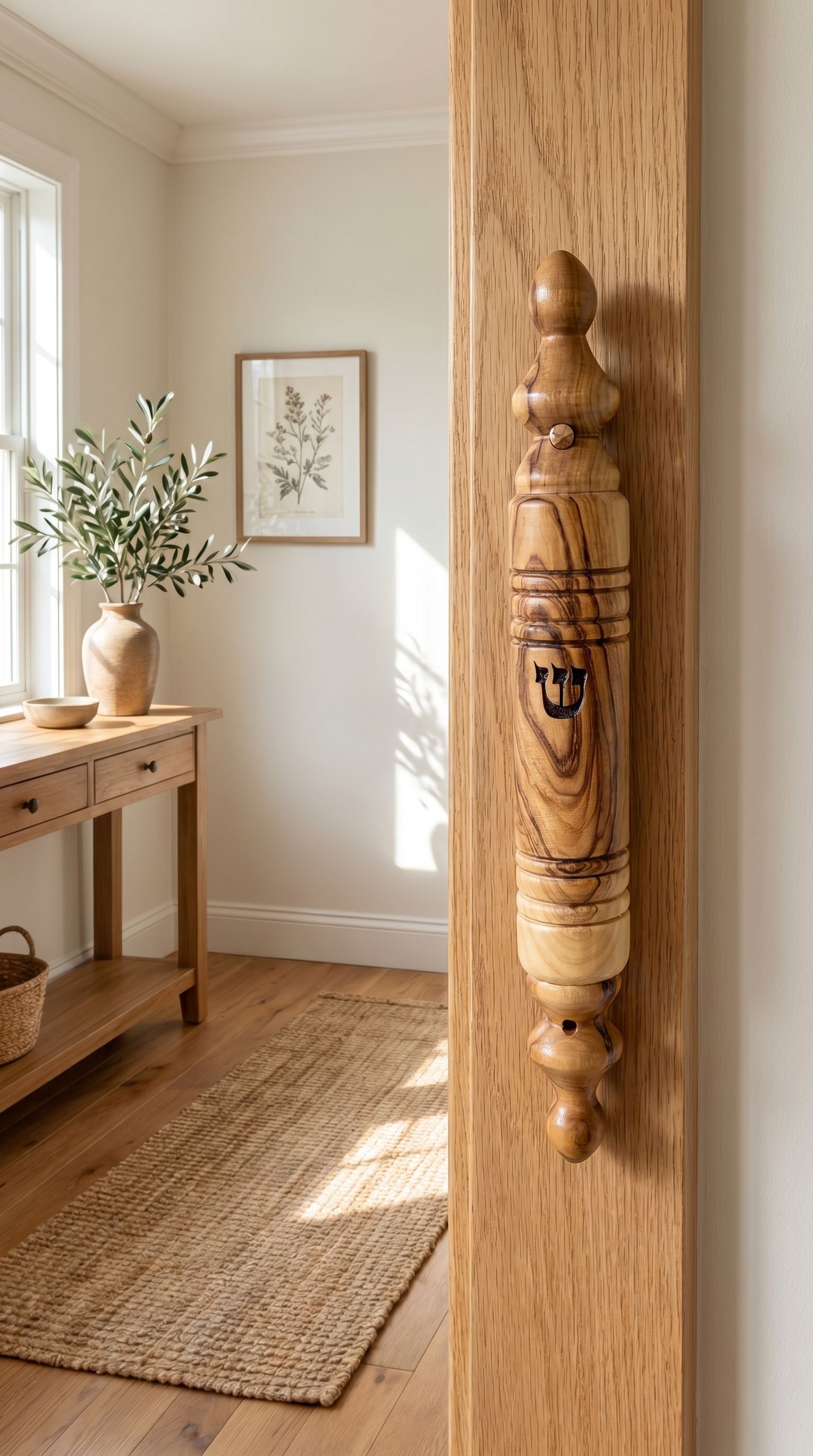 Lifestyle room scene with olive wood mezuzah mounted on door, highlighting natural material and home decor.