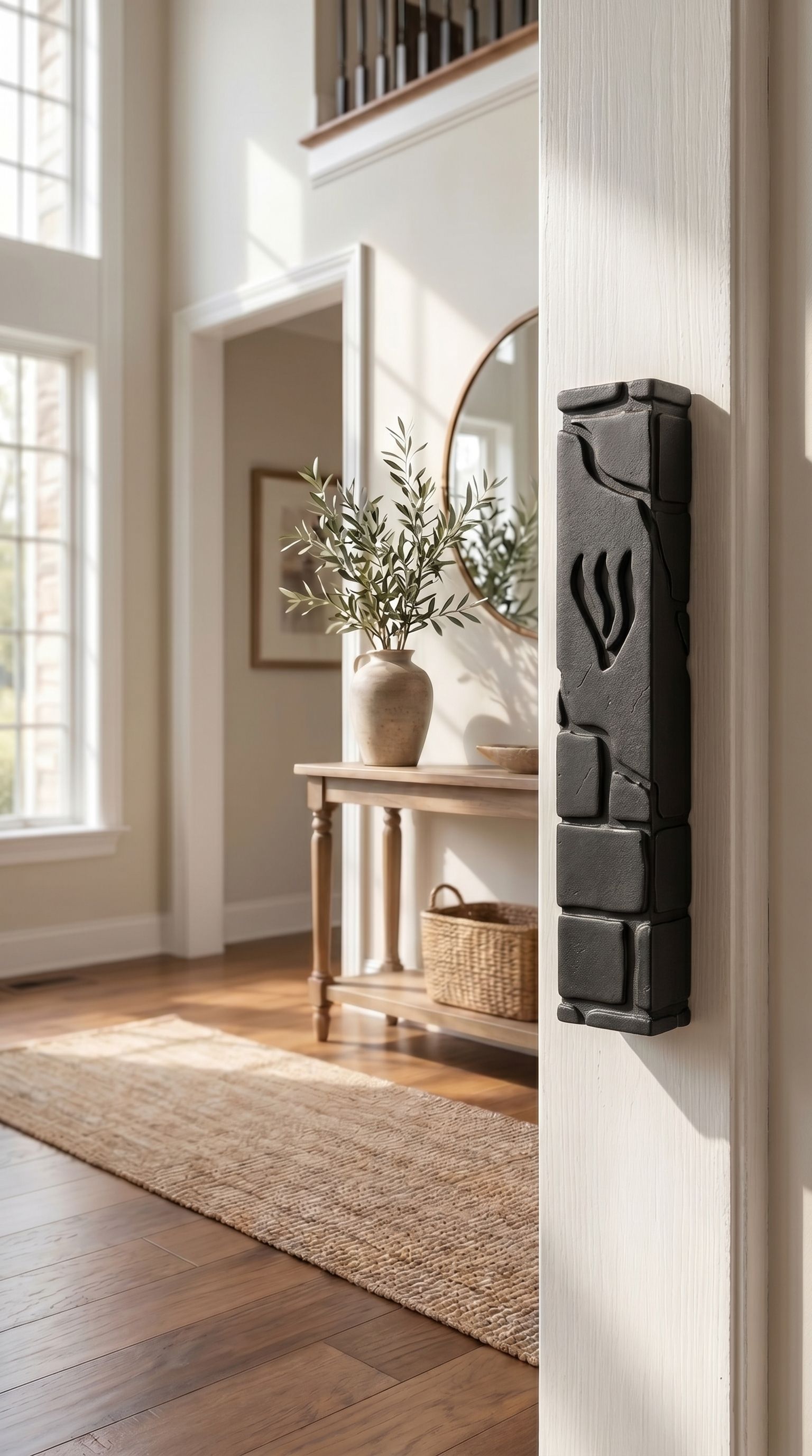 Lifestyle image of a home interior featuring a black cement mezuzah mounted on the doorpost in a well-lit, inviting room setting.