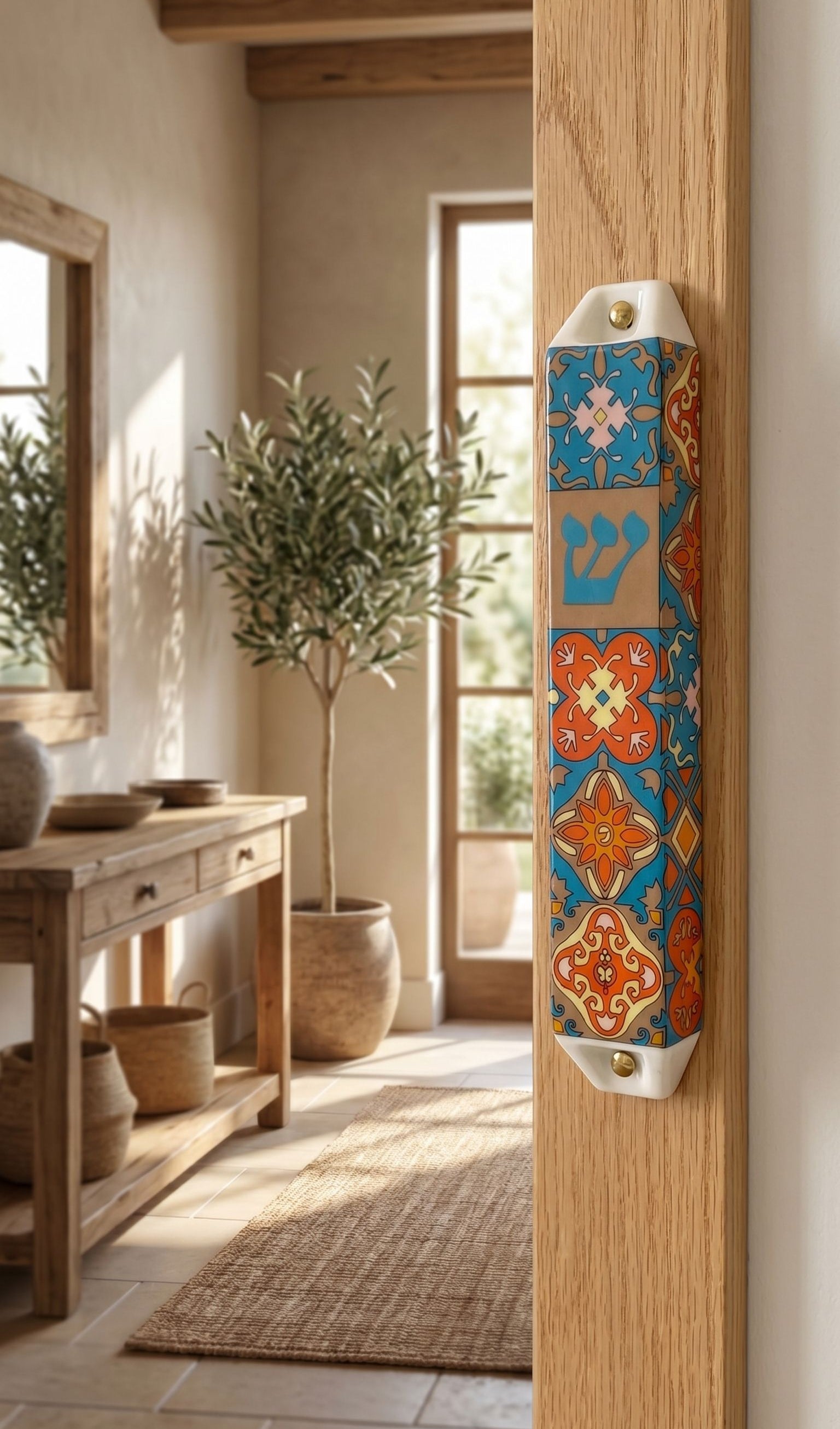 Authentic living space featuring a ceramic Mezuzah on doorframe, with warm lighting and home decor details.