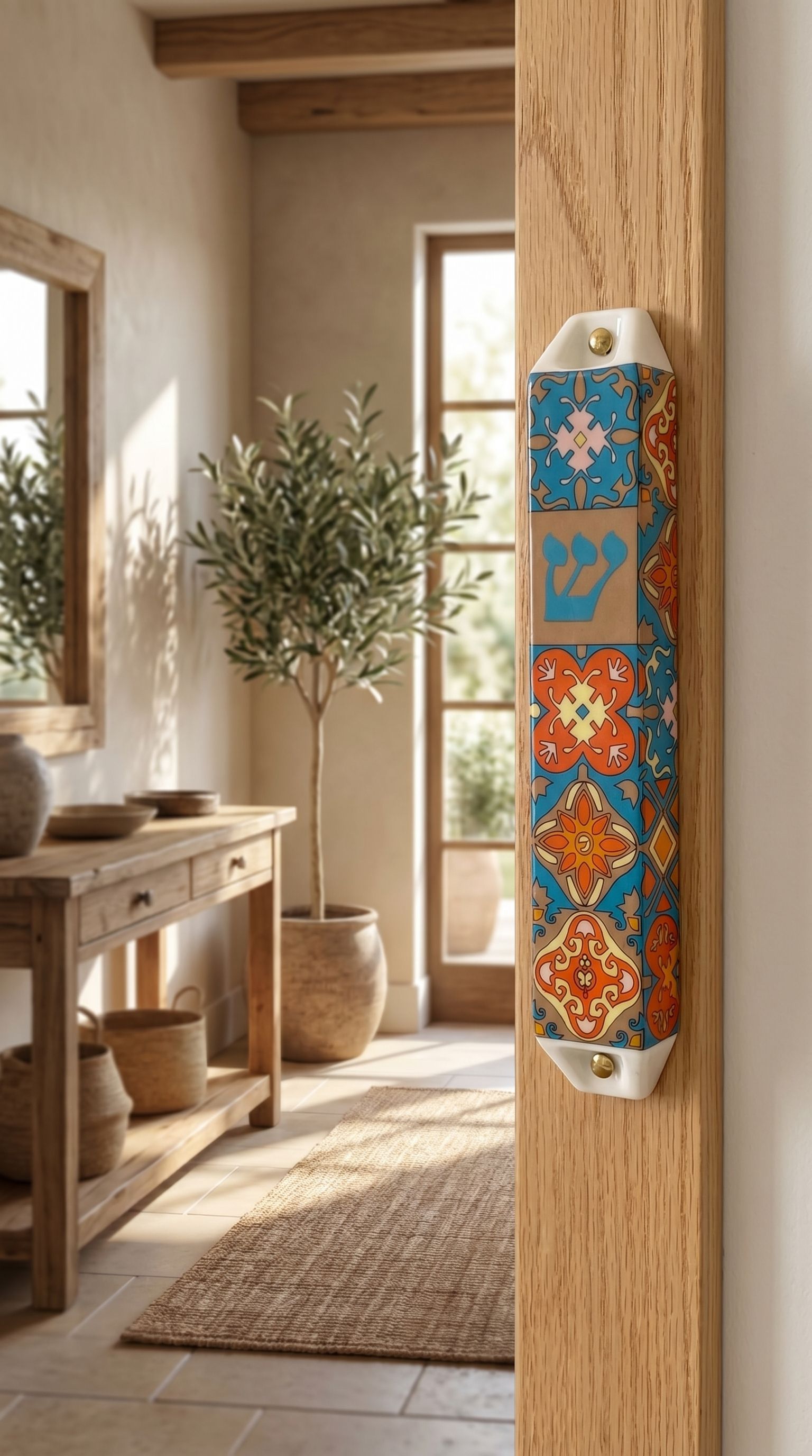 Authentic living space featuring a ceramic Mezuzah on doorframe, with warm lighting and home decor details.