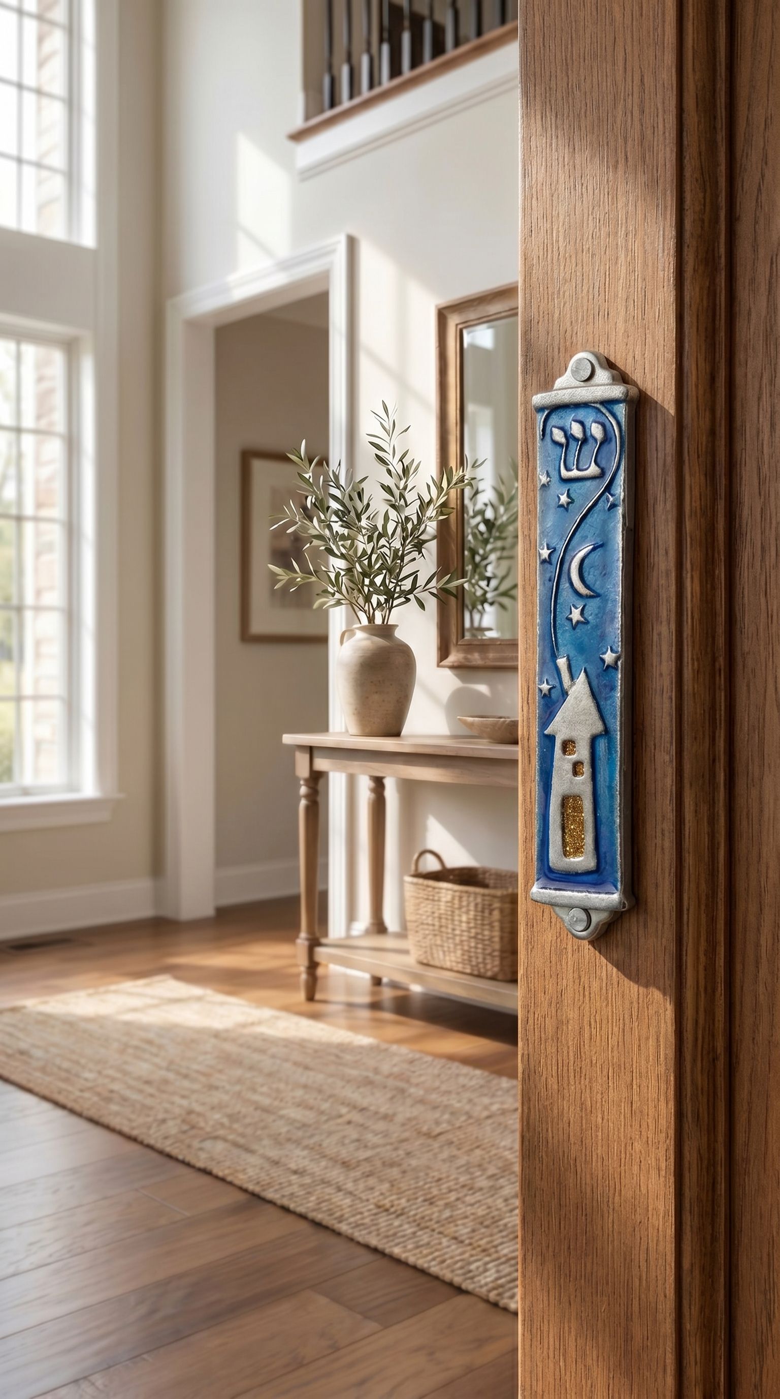 Interior room scene featuring a pewter mezuzah on a doorway, emphasizing natural lighting and realistic decor.