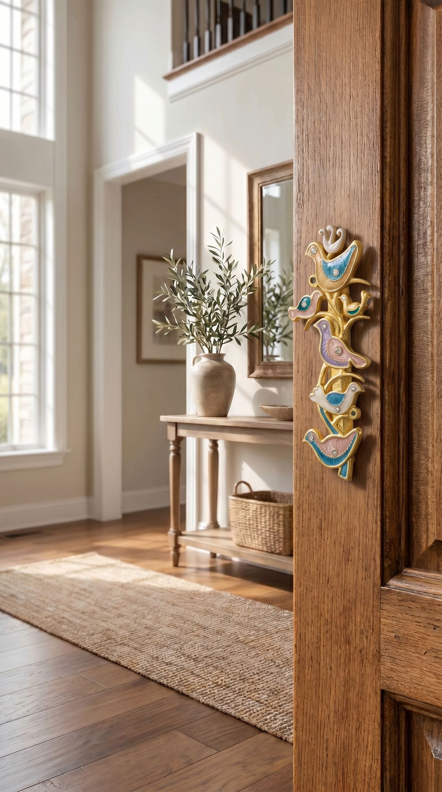 Lifestyle scene of a home interior featuring the Shalom Birds Mezuzah on the doorway, highlighting its decorative craftsmanship and placement.