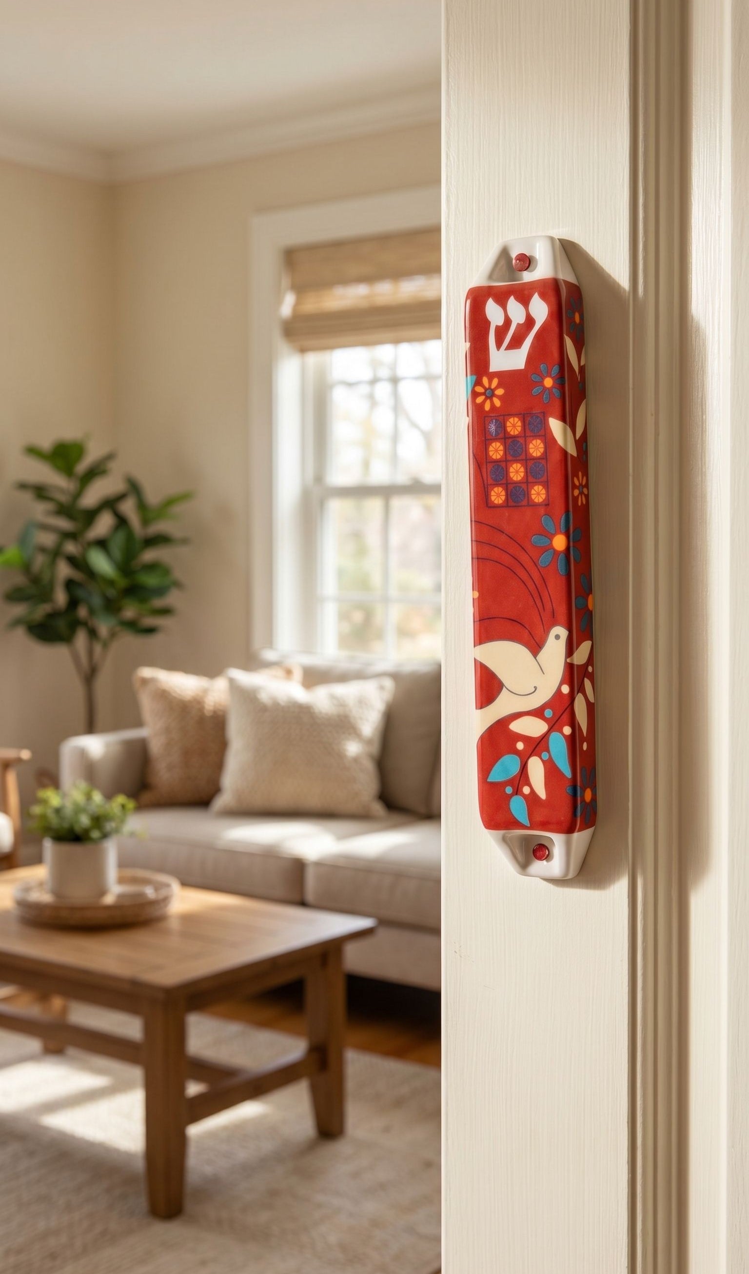 Hyper-realistic scene of a red dove of peace ceramic mezuzah on inside doorway frame, highlighting its vibrant colors and detailed design in a warm home interior.