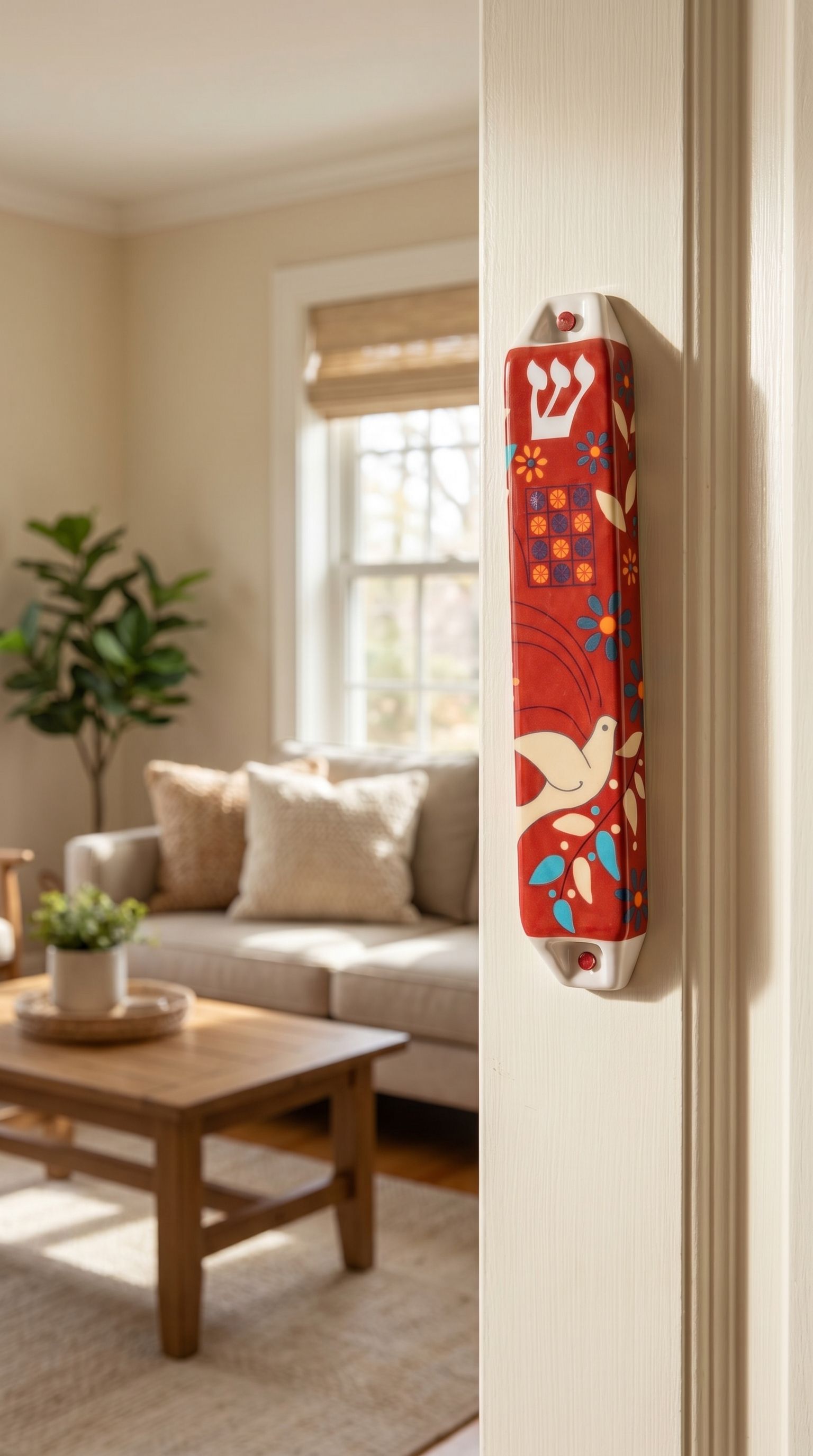 Hyper-realistic scene of a red dove of peace ceramic mezuzah on inside doorway frame, highlighting its vibrant colors and detailed design in a warm home interior.
