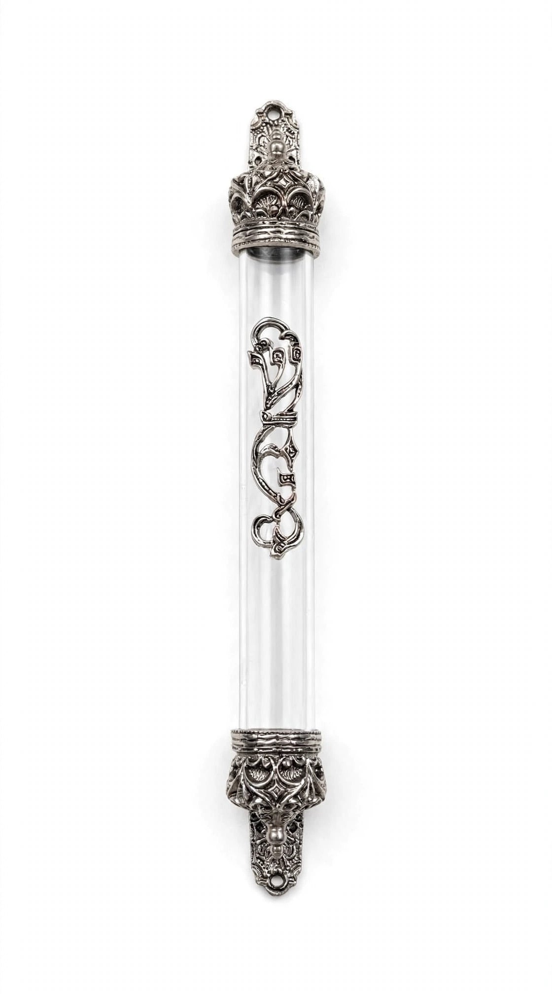 Regal Crown Pewter and Clear Acrylic Mezuzah shown from the front as a mezuzah cover featuring a transparent acrylic chamber framed by silver-toned pewter crown ends, dark recessed decoration and curling silver scrollwork down the front, presenting a detailed Judaica design for a Jewish home doorway