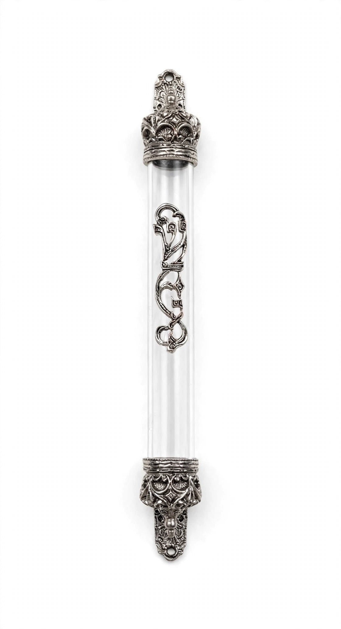 Regal Crown Pewter and Clear Acrylic Mezuzah shown from the front as a mezuzah cover featuring a transparent acrylic chamber framed by silver-toned pewter crown ends, dark recessed decoration and curling silver scrollwork down the front, presenting a detailed Judaica design for a Jewish home doorway
