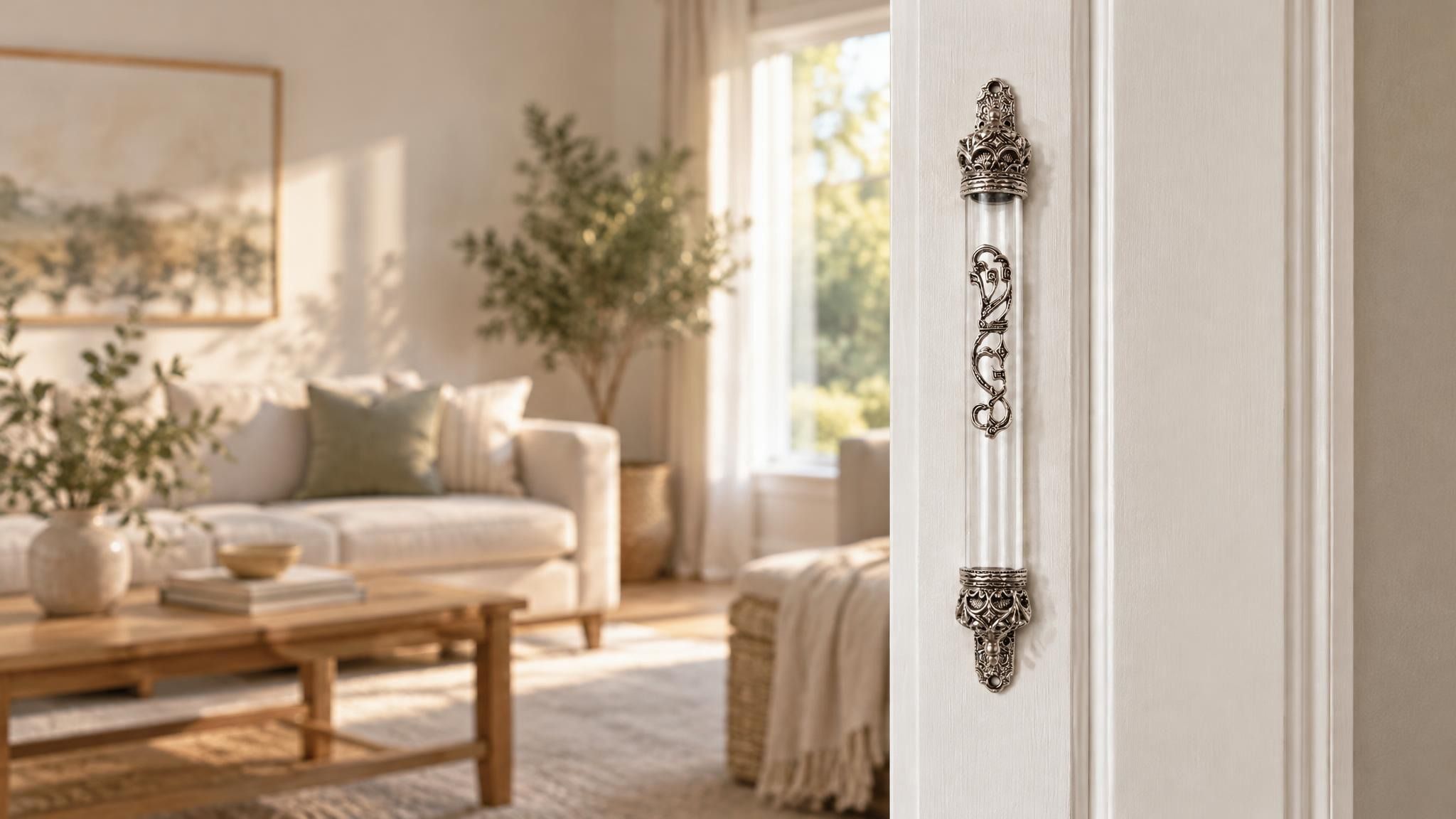 Regal Crown Pewter and Clear Acrylic Mezuzah mounted vertically on a pale home doorpost, with a transparent acrylic chamber framed by silver-toned pewter crown ends, dark recessed decoration and curling silver scrollwork down the front creating a distinctive mezuzah cover that brings its Jewish design and decorative detail into the doorway