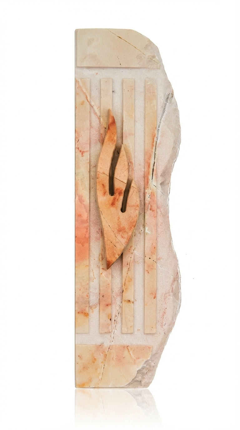 High-resolution image of authentic Jerusalem stone mezuzah with intricate engravings, sharp details, and a polished white studio background.