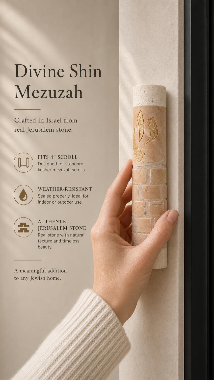 Cream Jerusalem stone mezuzah with a gold shin mounted on a doorpost as Jewish home decor.