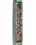 Providence Pewter Mezuzah in red with intricate symbols, green enamel cutouts, and colorful crystals for a Jewish home decoration.