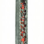 Providence Pewter Mezuzah in red with intricate symbols, green enamel cutouts, and colorful crystals for a Jewish home decoration.