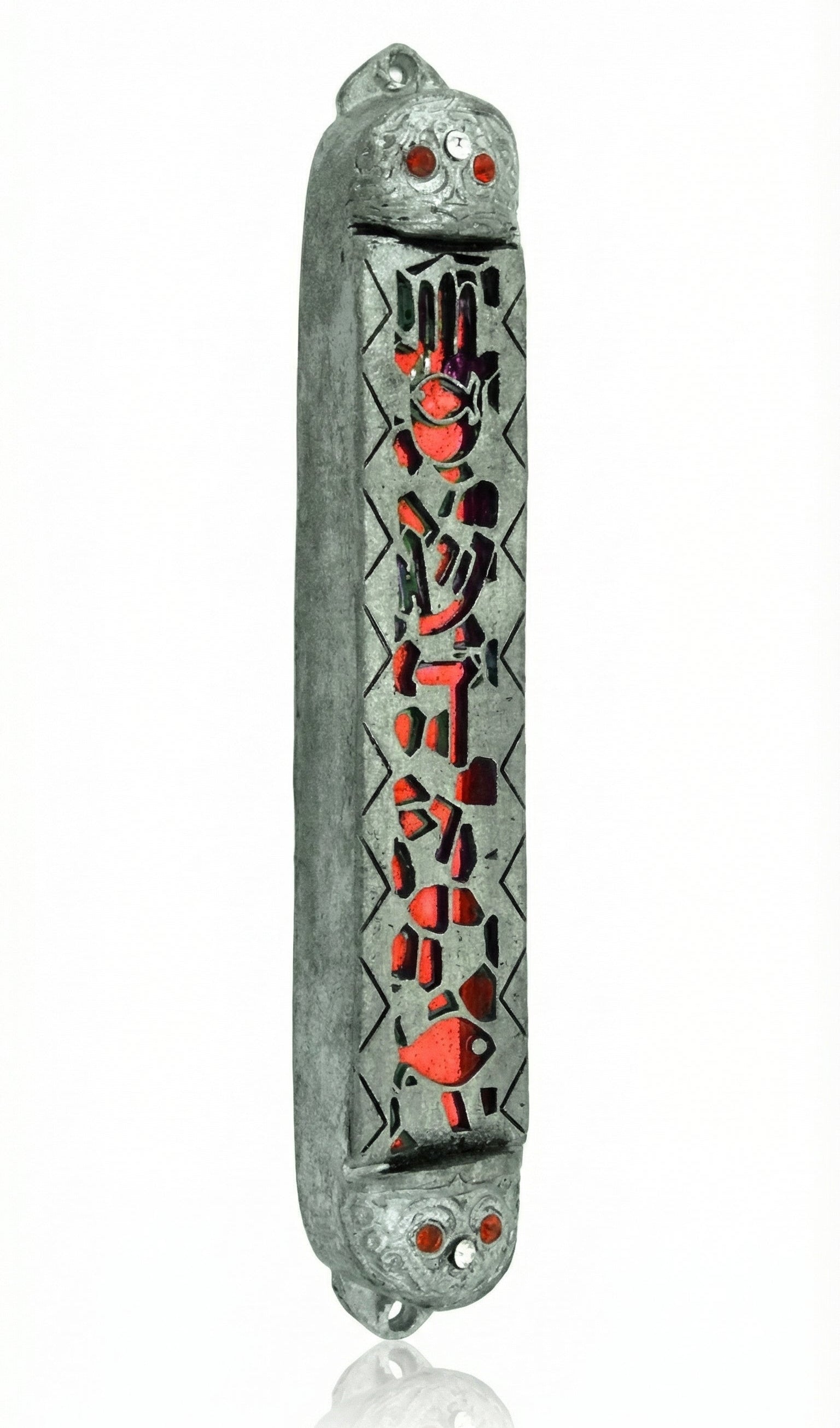 Providence Pewter Mezuzah in red with intricate symbols, green enamel cutouts, and colorful crystals for a Jewish home decoration.