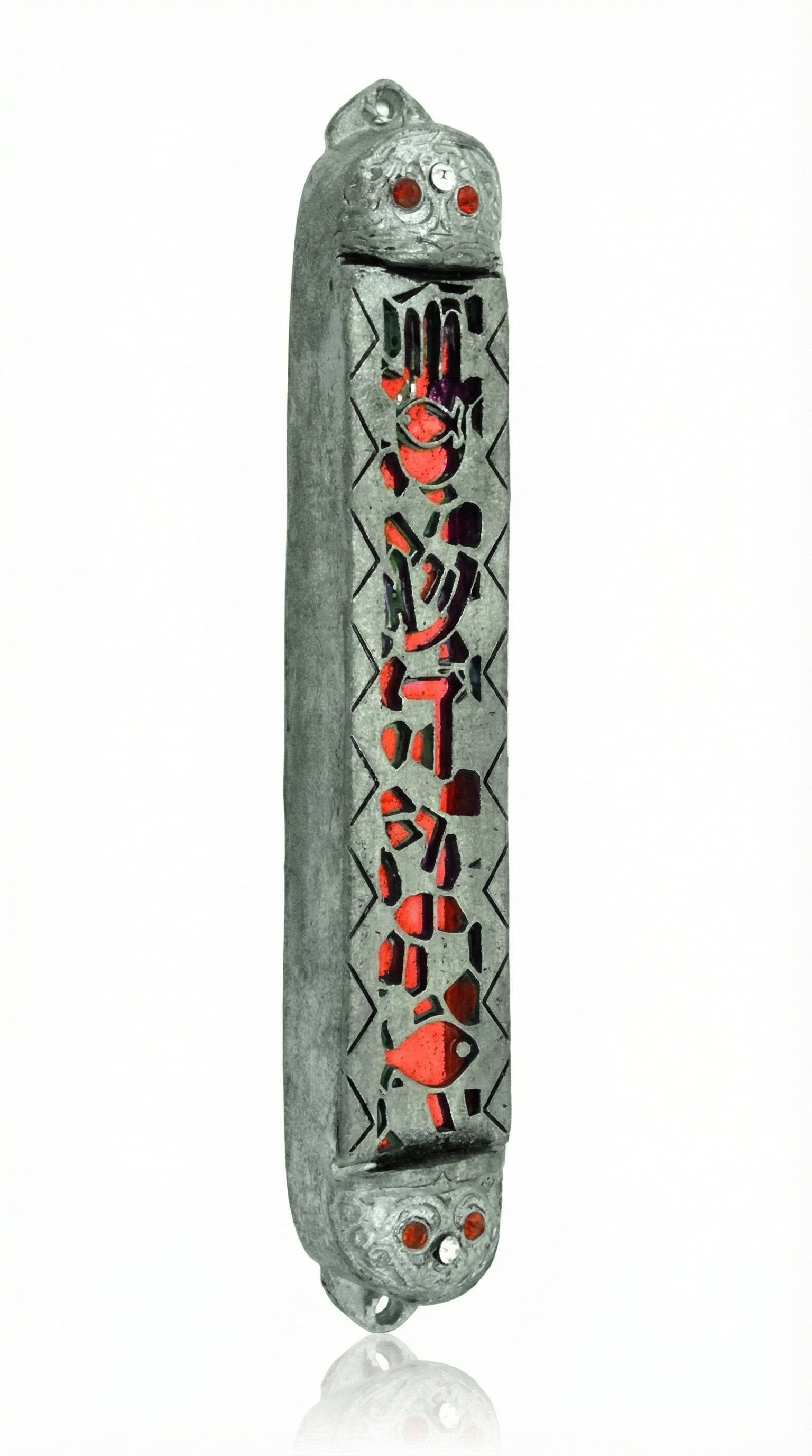 Providence Pewter Mezuzah in red with intricate symbols, green enamel cutouts, and colorful crystals for a Jewish home decoration.