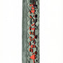 Providence Pewter Mezuzah in red with intricate symbols, green enamel cutouts, and colorful crystals for a Jewish home decoration.