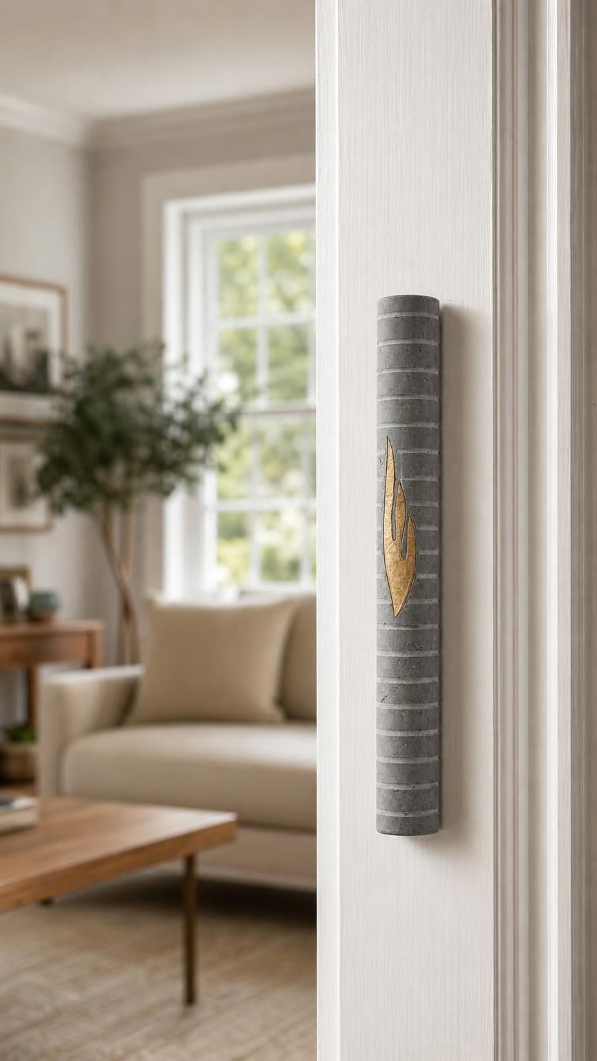 Nine-inch gray Jerusalem stone mezuzah mounted on an indoor doorpost at authentic scale.